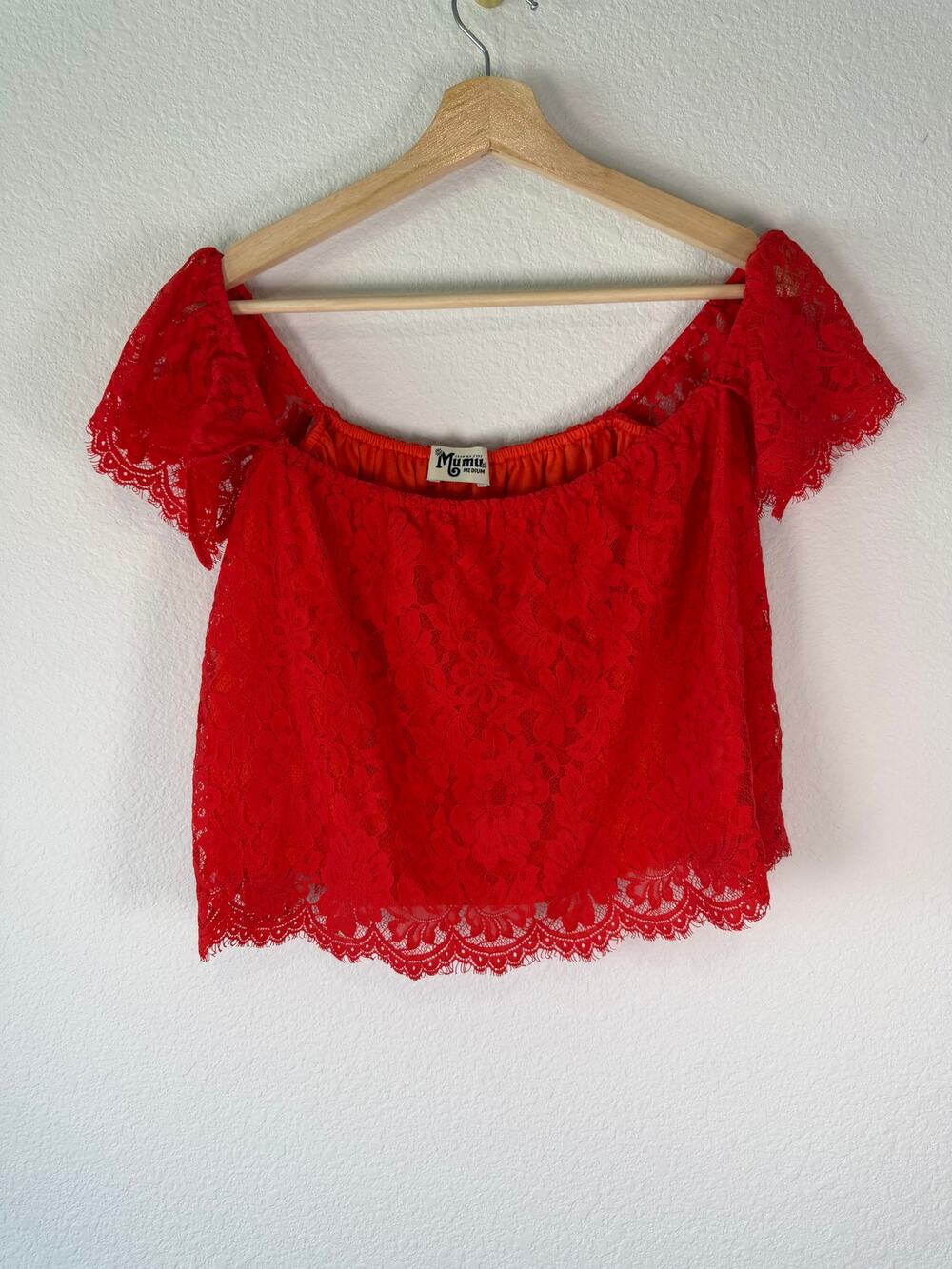Show Me Your Mumu Ella Red Floral Lace Off The Shoulder Crop Top Medium